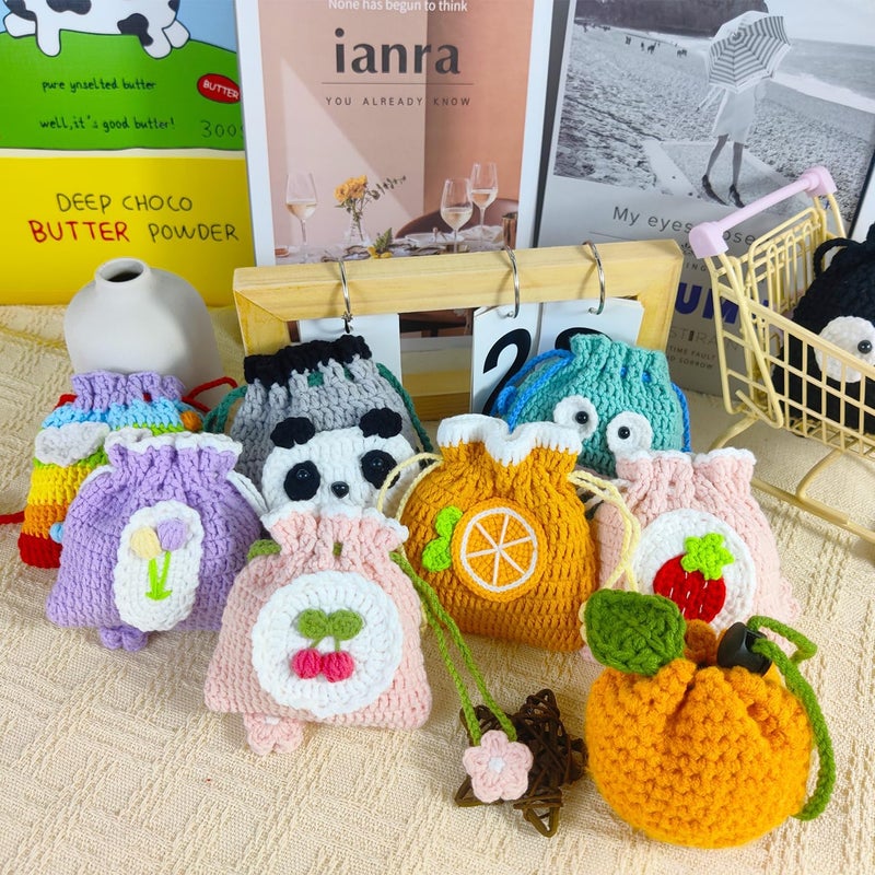 BRTOO Small Crochet Purse 100% Handmade Knitted Storage Bag Cute Funny Kawaii Coin Change Purse Pouch Mini Cartoon Shark Funny Plush Drawstring Headphone Wallet for Women Girls Gift(Bee) - Image 3